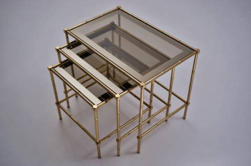 Maison Bagues nesting tables brass bamboo & bronze trimmed mirror, 1950`s ca, French